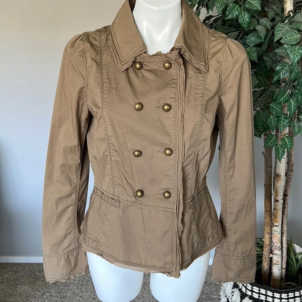 Ann Taylor LOFT Brown Brass‎ Buttons Double Breasted Peplum Waist Utility Jacket